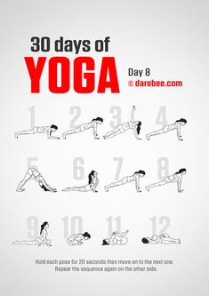 the 30 days of yoga day 8 is shown in black and white with red numbers