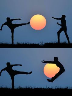 the silhouettes of two people doing tricks in front of an orange and blue sky