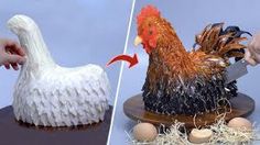 a chicken made out of rice and eggs is being cut by someone using a sharp knife