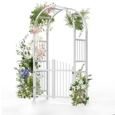 an open white gate with flowers and greenery on the sides, set against a white background