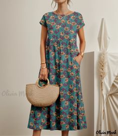 Olivia Mark - Chic and Comfortable Sleeveless Round Neck Linen Dress with Loose Fit and Printed Pattern Floral Pocket, Printed Summer Dresses, Dress Sleeve Styles, Langer Rock, Vestidos Vintage, Linen Style, Loose Outfit, Printed Dress, Types Of Skirts