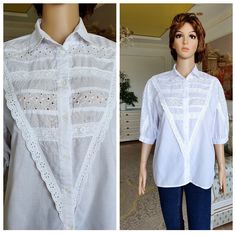 "70s Victorian Clothing Victorian Blouse XL Vintage collared blouse puffy sleeve blouse white Blouse womens blouse Edwardian shirt retro lace Blouse  4P 65%-polyester; 35%-cotton Please refer to photos for details of condition.  Condition:  good vintage Measurements: Length: 62cm/ 24.4\" Sleeve : 34cm/13.4\" Shoulder to shoulder: 40cm/15.7\" Bust: 112cm/44.1\" Waist: 108cm/42.5\"  Tag size:  40/42 note The color on the pictures may vary due to monitor settings and light reflections. Ready to shi Summer Lace Top Collared Blouse, Retro Summer Blouse With Lace Collar, White Retro Blouse With Collar, Vintage White Top With Lace Collar For Summer, Vintage White Blouse For Summer, Retro Short Sleeve Blouse With Lace Trim, Vintage White Summer Blouse For Daywear, Summer Vintage White Tops With Lace Collar, Vintage White Summer Blouse