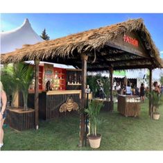 an outdoor bar with thatched roof in the middle of a grassy area surrounded by potted plants