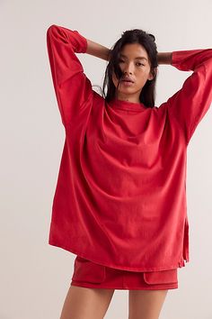 The tee you’ll never want to take off. This long-sleeve from our We The Free collection features a soft cotton fabrication and oversized fit with a mock-neckline and dropped shoulders. **Fit:** Slouchy, oversized fit, slightly structured **Features:** Soft cotton fabrication with a " peach fuzz" feel, mock-neckline, drop-shoulder sleeves, exposed seam detailing, slit at sides **Why We ❤ It:** This timeless tee is the perfect wear-everywhere wardrobe staple. | We The Free Heater Tee at Free Peopl Peach Fuzz, Mock Neckline, Shoulder Sleeve, Boho Outfits, Oversized Fits, Drop Shoulder, Wardrobe Staples, Free People, Womens Tops