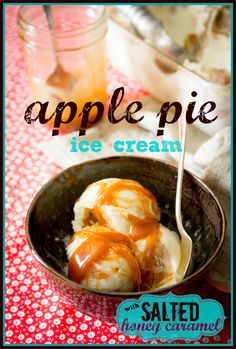 a bowl filled with ice cream and caramel on top of a red table cloth