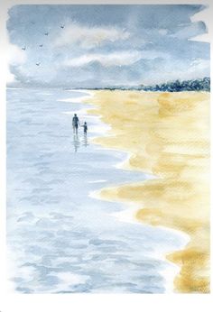 two people are walking on the beach near the water