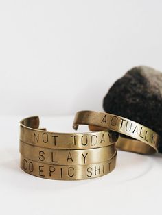 custom jewelry hand-stamped cuff bracelet brass rachael ray magazine everyday every day lyrics personalized Metal Stamped Bracelet, Pinky Promise Ring, Accessorize Bags, Stamped Bracelet, Brass Cuff, Human Hands, Book Clothes, Rachael Ray, Pinky Promise