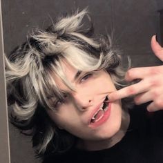 @mvrxder on ig // alt boy fluffy hair alternative spiky anime wolf cut emo goth tiktok White Hair Men Aesthetic, Black And White Hair Men, Hair Dye Ideas Men, Boy Fluffy Hair, Fluffy Hair Boy, Grey And White Hair, Brown And White Hair, Alt Drawing, Alt Boy