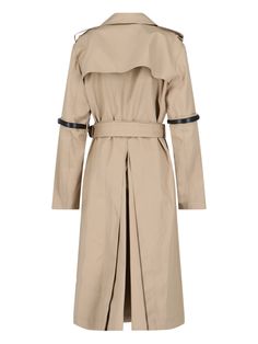 Coperni 'Hybrid' beige cotton trench coat with double-breasted design, classic collar, button closure, two side pockets, black leather logo strap detail on the sleeves, central back vent, straight hem. Composition: 65% Polyester, 35% Cotton Cotton Trench Coat, Barbour Steve Mcqueen, Chanel Designer, Zegna Shoes, Zimmermann Dress, Pleats Please Issey Miyake, Steve Mcqueen, Leather Logo, Yoga Wear