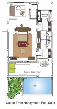 the floor plan for an oceanfront honeymoon pool suite with private hot tub and jacuzzi