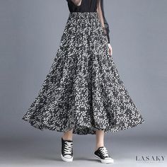 Lasaky - Beautiful Semi-Sheer Maxi Dress with Floral Pattern Non-stretch Tiered Skirt Spring Dress, Black Flowy Skirt For Spring, Black Flowy Maxi Dress For Spring, Spring Black Flowy Maxi Dress, Black Flowy Skirt Maxi Dress For Spring, Long Skirt For Women, Sheer Midi Skirt, Long Flowy Skirt, Sheer Maxi Dress