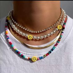 Bohemian Multilayer Smiley Face Color Seed Beaded Necklaces Pearl String Beads Choker Summer Beach Jewelry Pearls + Multi Color Beads *Price Firm / Bundle Discount Thank You Necklaces Beach, Kalung Manik-manik, Fruit Hearts, Rainbow Choker, Rainbow Pearl, Face Necklace, Pola Gelang, Beads Chain, Rainbow Beads