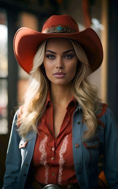 a woman wearing a cowboy hat and red shirt