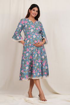 Floral Print Maternity Dress With Breast Feeding Zip Printed Cotton Pregnancy Wear Gown Nursing Kurtis Gifts For Mom. Floral Print Maternity Dress. Suitable for Pre and Post Pregnancy. With Concealed Zip for Ease in Nursing. Comfortable for Night and Day. Skin and Baby Safe Fabric.  100% Cotton Fabric. Size--XS, S, M, L, XL, 2XL, 3XL, 4XL, 5XL, 6XL. Length - 48 Inches. Hand block Print Fabric.  Customisation Can be Done.  Wash Care :  Do Not Soak or Tumble Dry. Cold Water Wash Using Mild Deterge Cotton V-neck Maternity Dress, Spring Cotton Maternity Dress, Blue Cotton Maternity Dress, Maternity Empire Waist Dresses Nursing Friendly, Maternity Nursing-friendly Empire Waist Dress, Maternity Dresses With Empire Waist, Cotton Nursing Friendly Dresses For Maternity, Maternity Cotton Dress Nursing Friendly, Fitted Cotton Maternity Dress