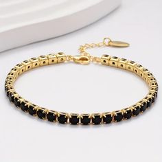 Elegant Personality Black Zircon Chain Bracelet, 18k Plated Classic Tennis Bracelet For Women Girls, Anniversary Wedding Jewelry Formal Black Bracelet With Adjustable Chain, Classic Adjustable Chain Bracelet For Party, Elegant Black Bracelet With Adjustable Chain, Black Adjustable Chain Bracelet, Elegant Crystal Bracelet With Adjustable Chain For Party, Classic Adjustable Bracelets For Party, Formal Black Bangle Gold Bracelet, Classic Adjustable Bracelet For Party, Elegant Party Crystal Bracelet With Adjustable Chain