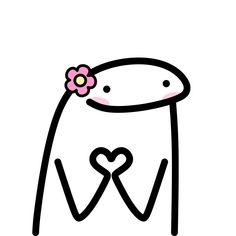 a black and white drawing of a girl with a pink flower in her hair, holding a heart