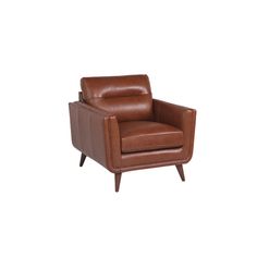 a brown leather chair sitting on top of a white floor