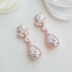 Rose Gold Drop Wedding Earrings-Emma - PoetryDesigns Rose Gold Jewelry Earrings, Rose Gold Earrings Wedding, Ear Tops, Teardrop Bridal Earrings, Rose Gold Drop Earrings, Wedding Aesthetics, Yellow Gold Drop Earrings, Brass Components, Crystal Teardrop Earrings