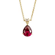 Ori necklace in gold set with Ruby and Diamond. Mesmerizing simplicity that never goes unnoticed. Ruby: ~1. 75 carats (9mm x 7mm pear) Diamond VS+ grade: ~0. 06 carats Pendant dimensions: 12. 8mm height x 7. 7mm width x 4. 9mm depth Length: adjustable 16-18 inches chain Options available to make the necklace in 9K, 14K and 18K gold, and additional sizes, please contact Juvetti. See matching Ori earrings Our precious jewellery is designed to preserve its original brilliance over time. There are a Ruby And Diamond Necklace, August Birthstone Jewelry, July Birthstone Jewelry, Zodiac Jewelry, Jewelry Ring Box, Pearl Jewellery Earrings, Asian Makeup, Pear Diamond, Ruby Diamond