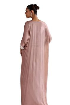 Pink draped kaftan with resham embroidered floral motifs, embellished by beads and sequins. - Aza Fashions Draped Kaftan, Kaftan Pattern, Kaftan Women, Kaftan For Women, Pink Chiffon, Beaded Neckline, Cape Sleeves, Satin Color, Floral Motifs