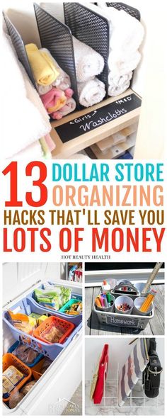 the cover of dollar store organizing hacks that are truly mind - blowing, with pictures of organized items in bins