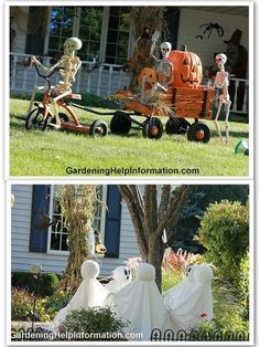 two pictures of halloween decorations in front of a house with skeletons on lawn chairs and children's tricycle