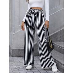 -Item Id 44498609 -Closure Type: Elastic Waist -Details: Belted, Pocket, Paperbag Waist -Style: Casual -Color: Black And White -Pattern Type: Colorblock, Striped -Type: Straight Leg -Waist Line: High Waist -Length: Long -Fit Type: Loose -Fabric: Medium Stretch -Material: Polyester -Composition: 97% Polyester, 3% Elastane -Care Instructions: Hand Wash Or Professional Dry Clean -Temperature: Spring/Fall (18-25/63-77) -Body: Unlined -Sheer: No **Open To Offers!!!** **Bundle To Save More** **30% Off Boutique Pants, Loose Fabric, Fabric Medium, Office Lady, Waist Length, Office Ladies, White Patterns, Straight Leg Pants, Business Casual