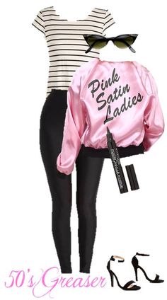 a pink satin jacket and black leggings are featured in this ad for the brand