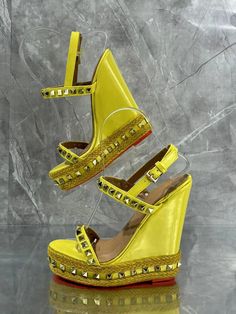 110mm Women's Wedge Shoes Red Bottom Heeled Sandals High Platform Open Toe Ankle Strap Sandals Summer Yellow Wedges Shoes, High Heel Wedge Sandals With Red Sole, Yellow Wedge Sandals With Ankle Strap, Summer Wedge Sandals With Red Sole And Ankle Strap, Yellow Ankle Strap Wedge Sandals, Summer Ankle Strap Wedge Sandals With Red Sole, Adjustable High Heel Wedge Sandals With Buckle, Yellow Wedges, Red Bottom Heels