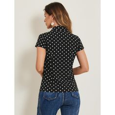 This crepe shirt features a button front and a short cap sleeve. A vintage polka dot over the summer top in a bold hue destined for the spotlight at dinner, events, or while out with friends. A vintage polka dot pattern brings eye-catching volume to a sweet summer shirt styled with a short sleeve and textured with subtle crepe. It is suitable for many occasions. Fitted Polka Dot Blouse With Button Closure, Retro Polka Dot Short Sleeve Blouse, Polka Dot Short Sleeve Spring Tops, Summer Polka Dot Blouse With Button Closure, Summer Polka Dot Tops With Button Closure, Polka Dot Collared Top For Spring, Trendy Polka Dot Short Sleeve Tops, Polka Dot Tops With Button Closure For Summer, Trendy Short Sleeve Tops With Polka Dot Pattern