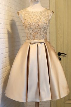 Champagne Fit And Flare Satin Graduation Homecoming Dress Knee Length Prom Dress, Short Red Prom Dresses, Cute Homecoming Dresses, Short Party Dress, Lace Homecoming Dresses, Short Prom Dress, Short Prom, Evening Dresses Elegant, Long Summer Dresses