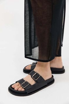 St. Agni Double Buckle Slides - Black Garment Details, St Agni, Maria Black, Sheep Leather, Leather Conditioner, The Double, Casual Sandals, Natural Leather, Vintage Tops