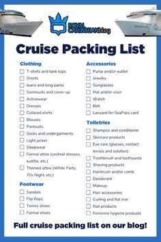 the cruise packing list is shown in this blue and white poster, with text that says cruise packing list