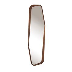 a mirror that is made out of wood and has a long curved edge on it