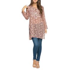 Raj Floral Petal Tunic This tunic is embellished with contrast stitch embroidery. Made with sheer light weight cotton. Effortless casual elegance to wear with denims, shorts, leggings and bikinis.       Side Slits Below Hip. Floral Print     Regular Fit. Small(2-4), Medium(4-6), Large(8-10), XL(12-14)     Material: 100% Cotton     Button Front. Sleeve Length 21"     Care: Wash Deep Colors Seperately      Colors- Blue, Mocha, Sage, Smoke      Imported Casual Stretch Tunic For Spring, Casual Stretch Tunic For Summer, Fitted Floral Print Tunic, Casual Long Sleeve Floral Print Tunic, Stretch Tunic For Fall, Casual Stretch Tunic, Casual Beach Tunic With Floral Embroidery, Spring Casual Tunic With Floral Embroidery, Casual Spring Tunic With Floral Embroidery