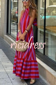 Roxane Linen Blend Striped Halter Neck A-line Maxi Dress Backless Long Dress, A Line Maxi Dress, Long Red Dress, Maxi Dress Sale, Loose Outfit, Long Summer Dresses, Pink Maxi Dress, Vacation Dresses, Beach Dresses