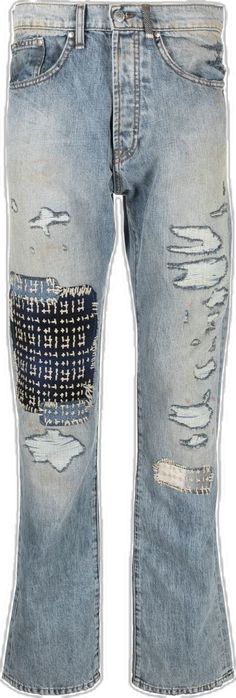 Luxury Patchwork Jeans, Rugged Blue Distressed Jeans, Blue Distressed Punk Jeans, Luxury Distressed Faded Jeans, Non-stretch Distressed Denim Pants, Collage, Pins, Blue