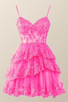 Glamorous tulle with bold embroidery radiates in the Navy color of this eye-catching A-line silhouette. Show off your style with spaghetti straps and a tiered ruffle skirt, plus a zip-up back that falls to mini length. Junior Prom Short Dresses, Light Pink Prom Dress Short, Hot Pink Dress Outfit Party, Sweetheart Outfit, Short Princess Dress, Sequin Corset, Short Red Prom Dresses, Sequin Homecoming Dress, Cute Homecoming Dresses