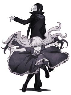 two anime characters with long white hair and black clothes, one is holding the other's hand