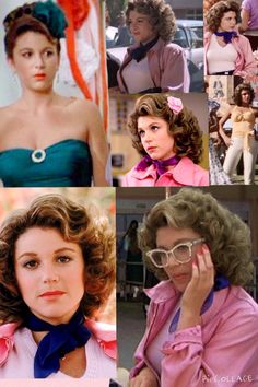 many different pictures of women in pink and blue outfits, including one woman with glasses