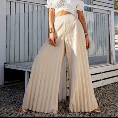 Super Fashionable And Stylish Pants. Have These In Light Blue And Light Pink As Well (Other Listings). Bundle With My Other Listings To Save On Shipping And Get Extra Discount Beige Pleated High-waist Bottoms, Beige High-waist Pleated Bottoms, High-waisted Pleated Beige Bottoms, High Waist Pleated Beige Bottoms, Chic Non-stretch Pleated Pants, Non-stretch High-waisted Beige Pants, Beige Pleated Wide Leg Bottoms, Neutral Stretch Bottoms For Spring, Stretch Neutral Bottoms For Spring