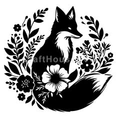 a black and white silhouette of a fox surrounded by flowers, leaves and foliages