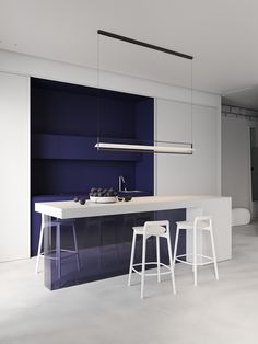 a white and blue kitchen with stools next to the counter top on one side