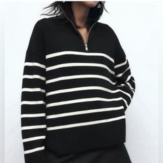 New Without Tags | Zara | 1/2 Zip Striped Sweater Purchased Last Summer, Never Worn. Size: M Color: Black + White Material: 58% Viscose, 24% Polyester, 18% Polyamide Zara Ss22 3519/125/084 See Photos For More Details. Bundle & Save Zars Collared Sweater, White Sweater Black Stripe, Womens Black And White Striped Sweater, Striped Zara Sweater, Cheap Zara Women's Sweater, Cheap Zara Sweater For Women, Summer Knitwear, Zara Summer, Half Zip Jumper