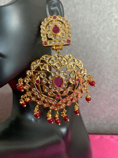 Kundan ruby earrings Elegant Pink Earrings For Festive Occasions, Red Earrings For Formal Festive Occasions, Red Festive Earrings For Formal Occasions, Red Formal Earrings For Festive Occasions, Traditional Ruby Earrings With Gemstone Detail, Traditional Ruby Earrings With Gemstone Accents, Red Jeweled Chandbali Earrings, Traditional Ruby Gemstone Earrings, Formal Ruby Chandbali Jewelry