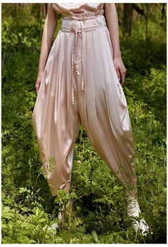 (1) Harem Trousers Drape Silk Satin Casual High Waist Drop Crotch Pants – Ofelya Boutique High Waisted Harem Pants, Princess Pants Outfit, Harem Pants Aesthetic, Indian Outfits Pants, Harem Outfit Fantasy, Ren Fair Pants, Puffy Pants Outfit, Relaxed Fit Silk Trousers, Fitted Silk Bottoms With Elastic Waistband