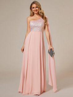 Shine bright like a star at your next special occasion with this Flowy Chiffon A-Line Shinny Sequin Bodice One Shoulder Evening Dress. The exquisite sequin bodice adds a touch of glamour, perfectly complementing the flowy chiffon skirt. Whether you're attending a red carpet event or a formal wedding, this dress will make you the center of attention. Fit: Please refer to size chart. Length: Floor length. Sleeve Style: Sleeveless. Closure: It is concealed a zipper on the left side. Undergarments: One Shoulder Evening Dress, Womens Active Wear Outfits, Vestidos Color Rosa, Sequin Bridesmaid, Sequin Bridesmaid Dresses, Casual Maternity, Women Formals, Bridal Robes, Formal Dresses For Women