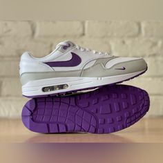 Nike Air Max 1 By You Id White Purple Gray Women Size 13/Men 11.5 Fj8893-900 New Durable White Nike Air Max For Sports, Sporty White Nike Air Max Fade-resistant, White Leather Nike Air Max For Streetwear, Nike Casual Golf Shoes With Air Cushioning, Sporty White Nike Air Max, White Fade-resistant Nike Air Max For Sports, Casual Nike Golf Shoes With Air Cushioning, White Fade-resistant Nike Air Max, White Golf Shoes With Air Max Cushioning