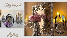 two pictures with flowers in vases and candles on the wall next to mirror frames