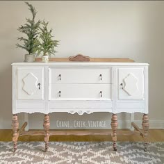 a white dresser with two drawers and a potted plant on top